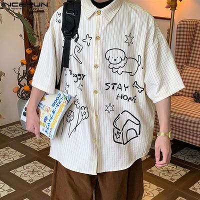 Camicie Casual da Uomo a Strisce con Cartoni Animati, Collo a Revers, Manica Corta, Vestibilità Oversize