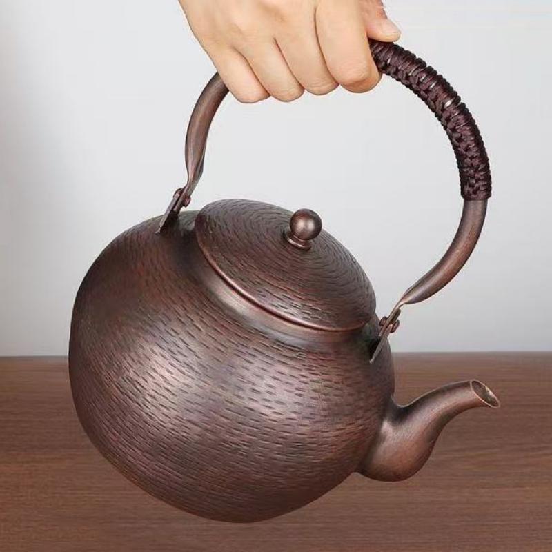 Vintage Large Size Copper Coffee Pot,Hammer Texture Weave Handle 1500 Ml Heat Resistant Filter Water Kettle,Handcrafted Teapot