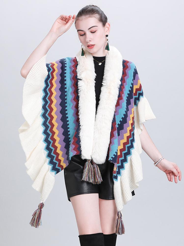 Imitation Cashmere Elegant Women Scarf Winter Ladies Fur Collar Striped Poncho Warm Female Capa Para Mujer Pashmina Wrap Shawl