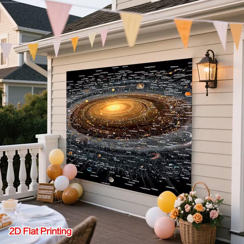 2D Space Galaxy Tapestry, Detailed Solar System with Planet Labels Background