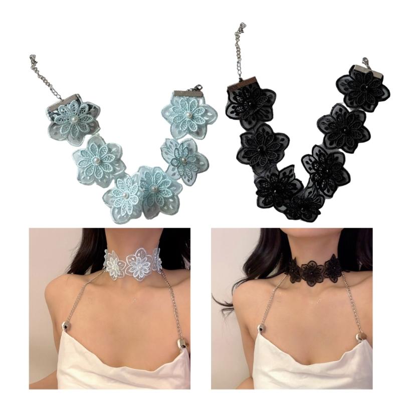 Collana di Pizzo Floreale Ispirazione Vintage con Perle Finte Catena Corta per Matrimoni e Feste