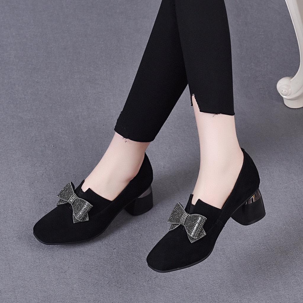 Women's single shoes spring new black bow high heels sheepskin low-top shoes women's shoes round head