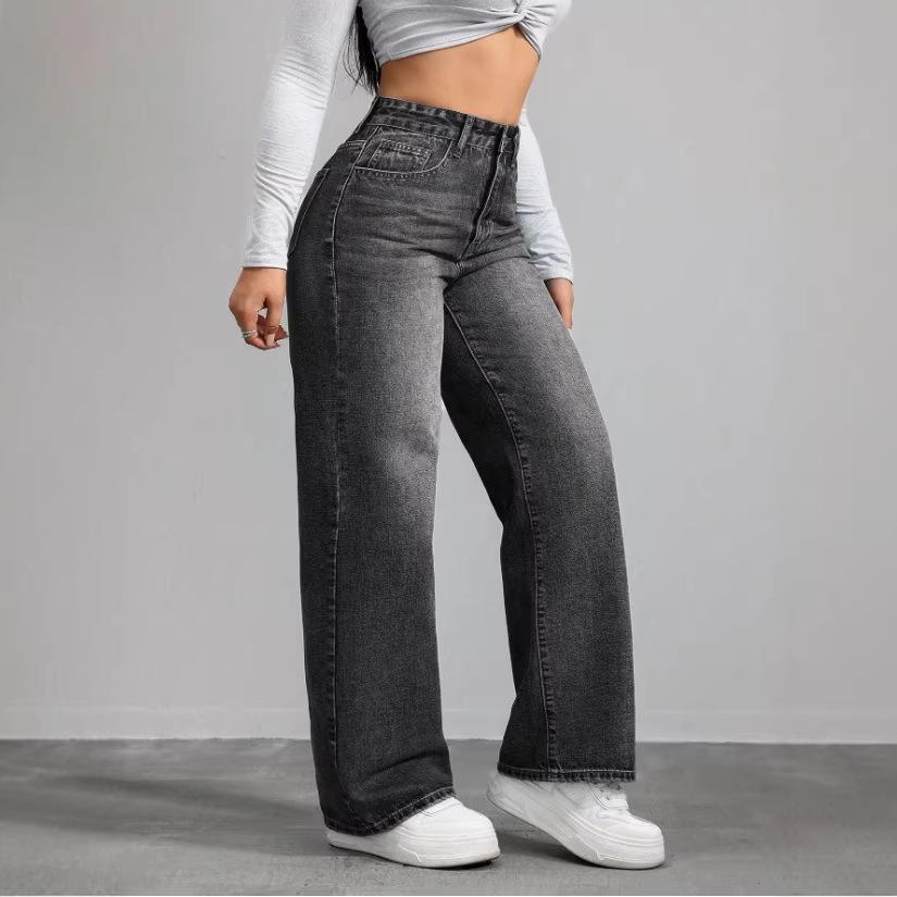 2026 Spring/Summer Women's Plus Size Retro Wide-Leg Denim Pants with Pockets