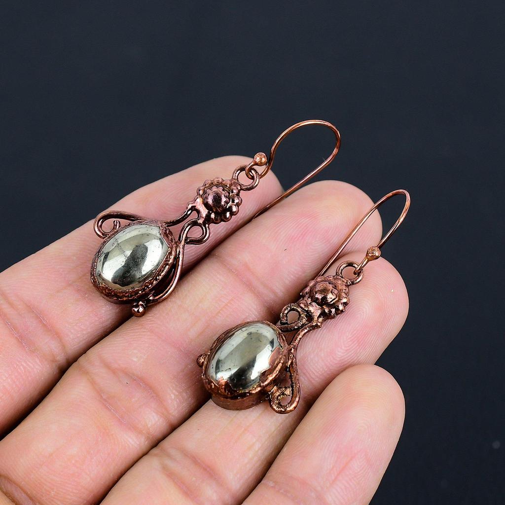 Golden Apache Pyrite Earrings, Copper Electroformed Jewelry, Gemstone Earrings Gift For Her Handmade Dainty Jewelry