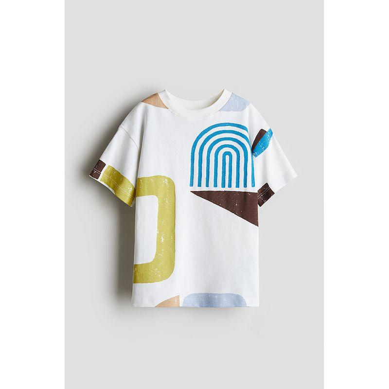 

H & M 2025 Summer New Children s Clothing Boys Loose Design Cotton T-shirt 1293963 White/Patterned 110/56(2-4Y)