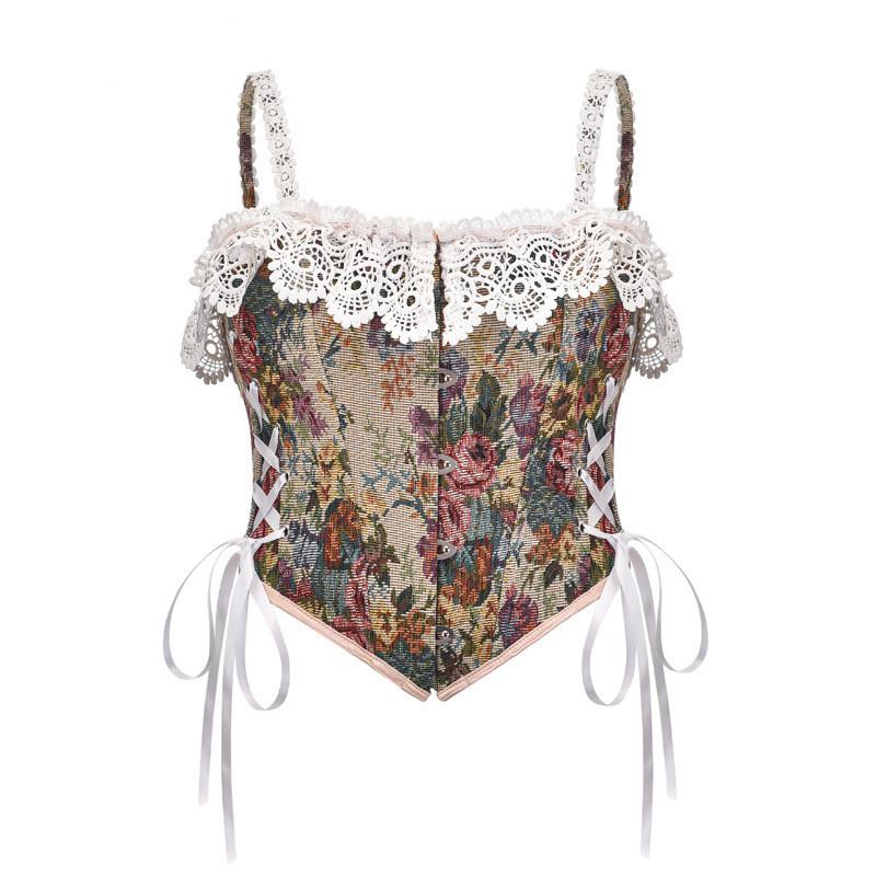 Vintage French Women Bustier Corset Sexy Lace-Up Floral Print Push up Corset Top Party Clubwear Bodice Y2k Corselet Feminino