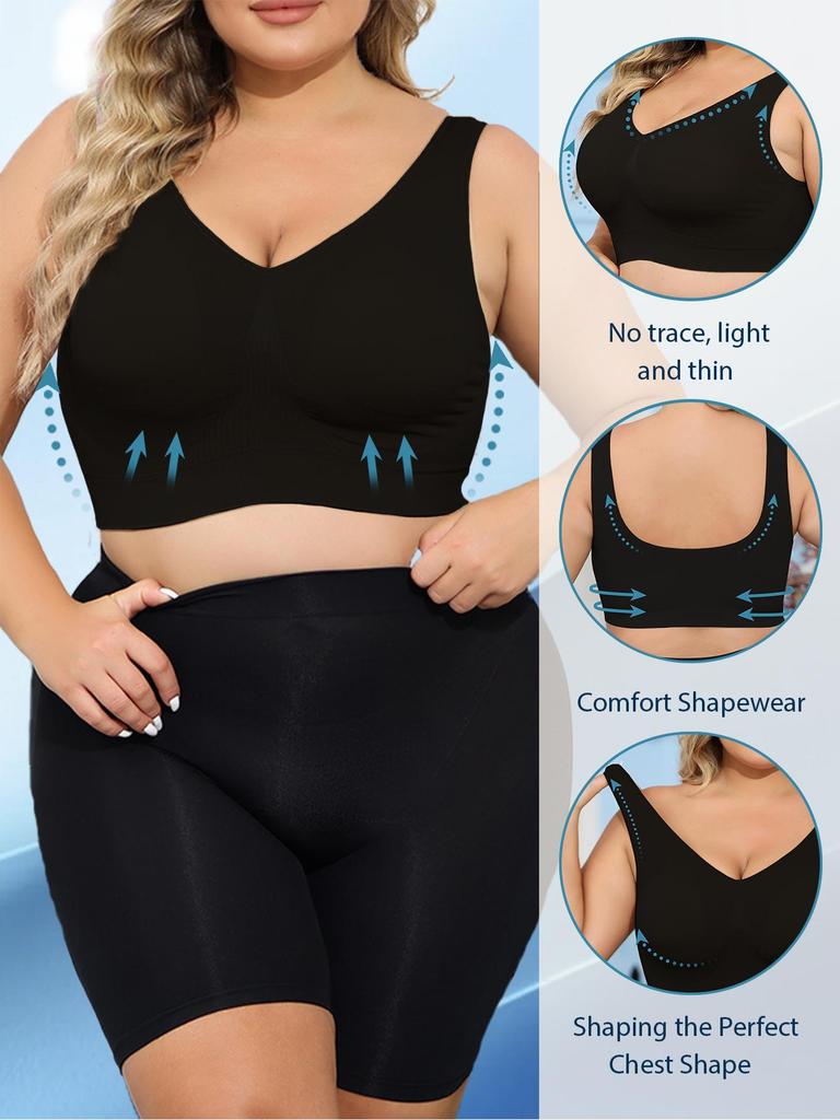 Women's Plus Size Bras with No Wire Shaping and Lifting To Prevent Spillage and Sagging - Detachable Pads BLACK 1XL-4XL