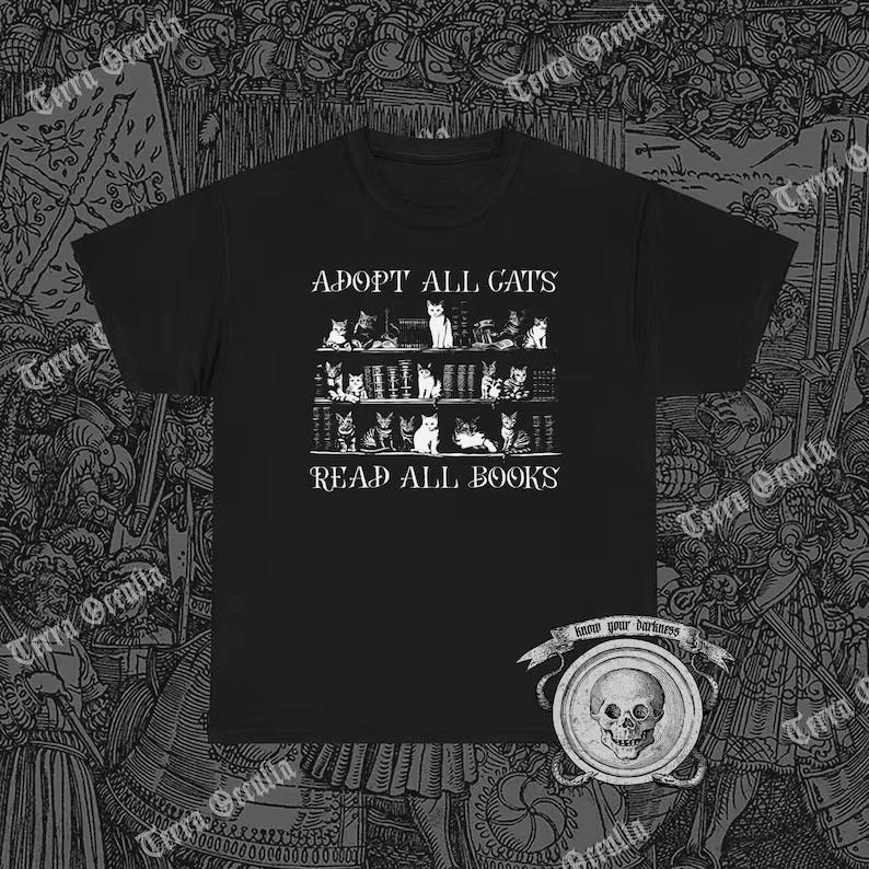Adopt All Cats Read All Books Shirt, Cat Lover, Bookish XXXL