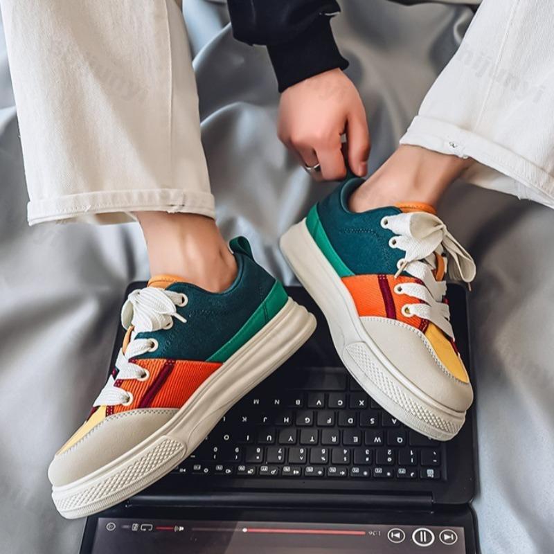 Fashion Men's Color Blocked Casual Canvas Shoes 2025 Spring Fashion Trend Versatile Sports Sheos Thick Soled Comfortable Chunky Sneakers