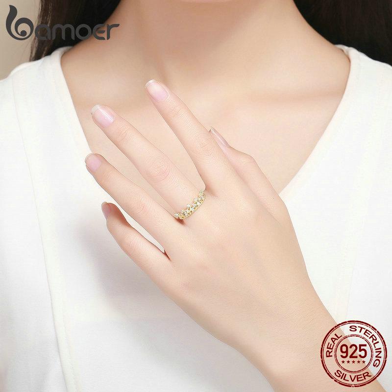 BAMOER Autêntico Prata 925 Coroa de Princesa Cor Dourada Anéis de Coroa para Mulheres Anel de Casamento Joia Anel SCR493