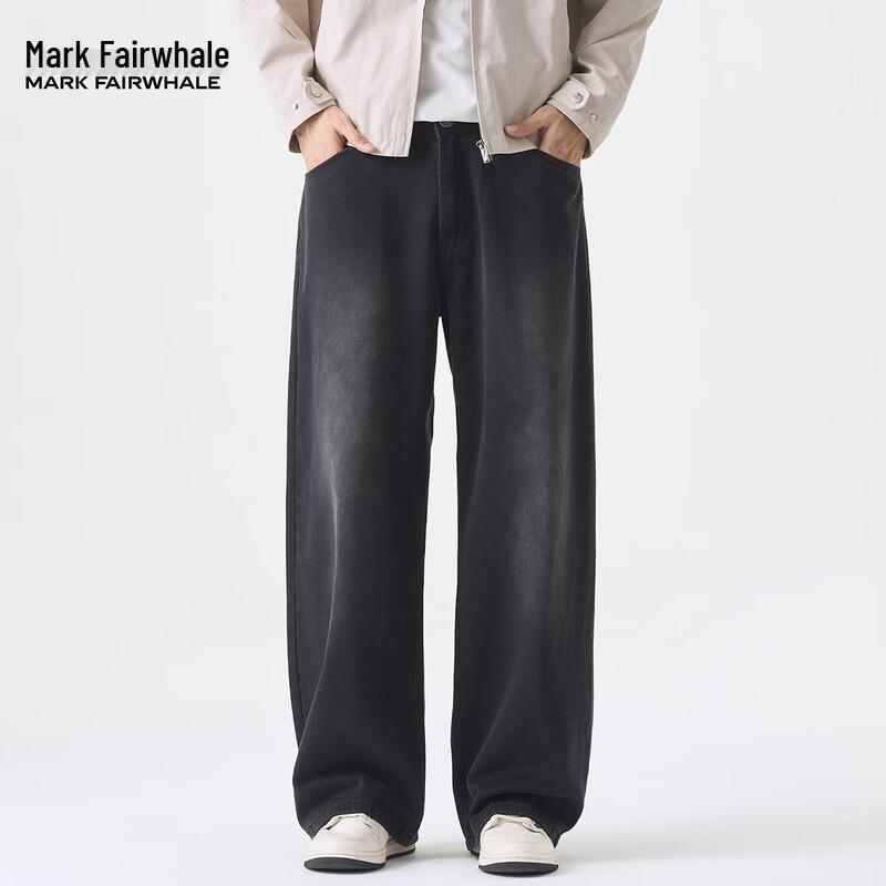 Mark Fairwhale Men's Vintage Faded Black Straight Wide-Leg Jeans