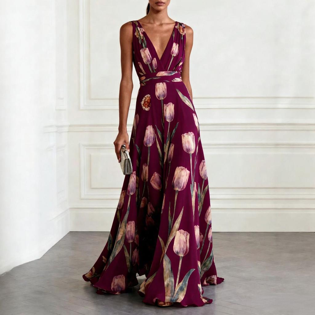 Women's Tulip Floral Print Deep V Neck Sleeveless High Waist Ruffled Hem A Line Maxi Dress Evening Party Long Gown