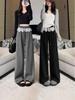 Women's Black Polka Dot Lace Trim Wide-Leg Pants - High Waist Slimming Casual Sweatpants for Spring/Autumn