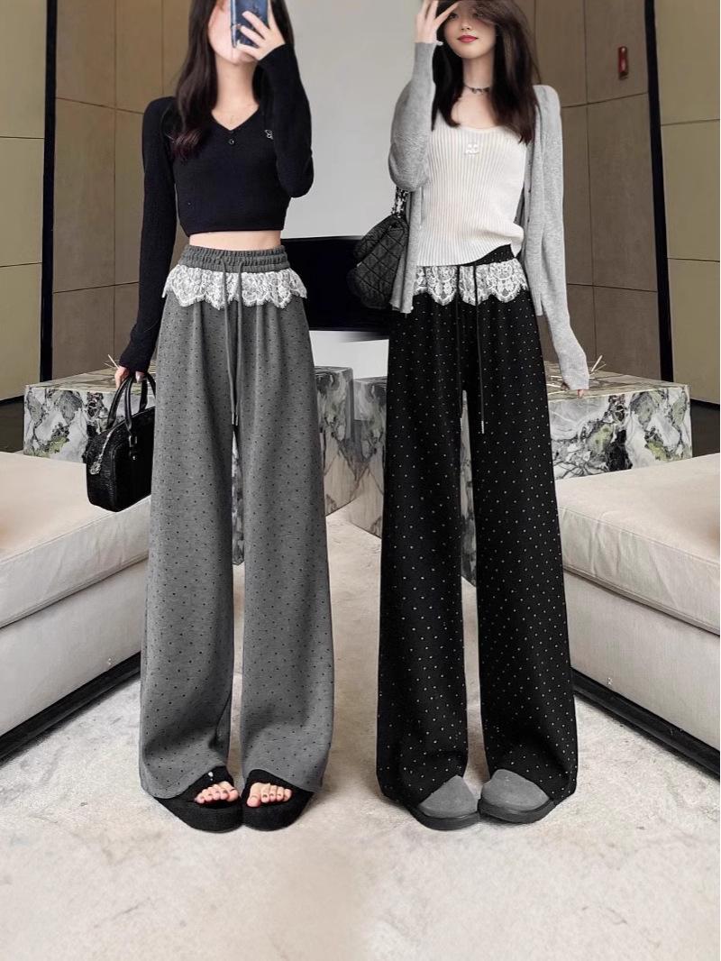 

Women s Black Polka Dot Lace Trim Wide-Leg Pants - High Waist Slimming Casual Sweatpants for Spring/Autumn M