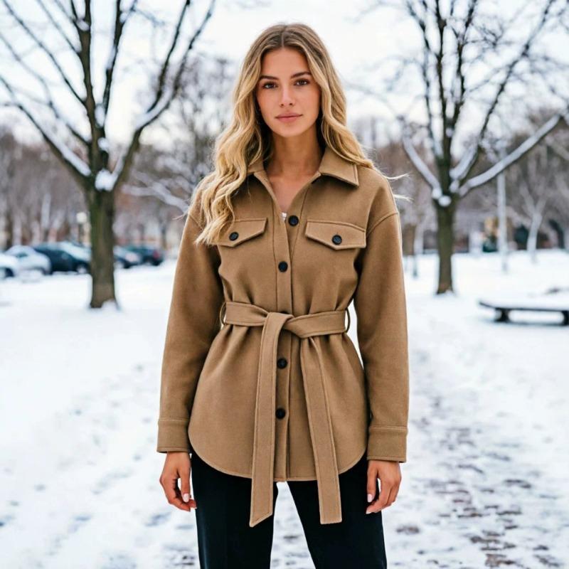 Women Solid Color Loose Shirt Collar Lace Up Button Long Sleeve Trench Coat