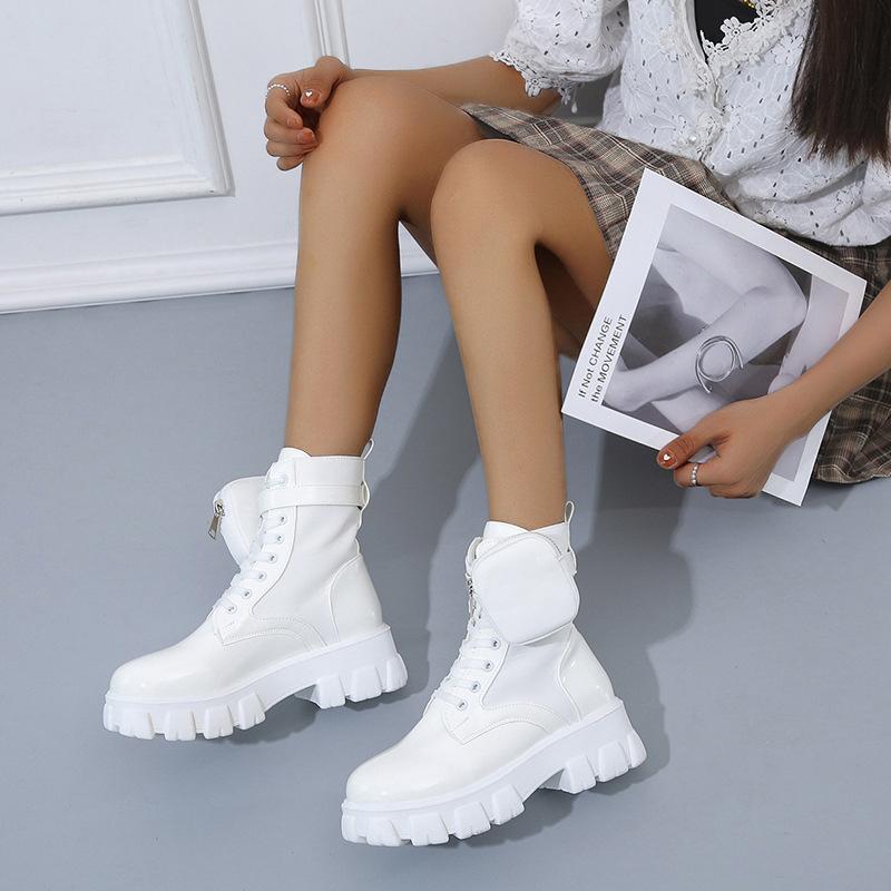 Damen Schwarze Punk Knöchel Dicksohlige Motorradstiefel Mode Schnürung Frühling Dicke Ferse Gürtelschnalle Tasche Designer Klobige Schuhe