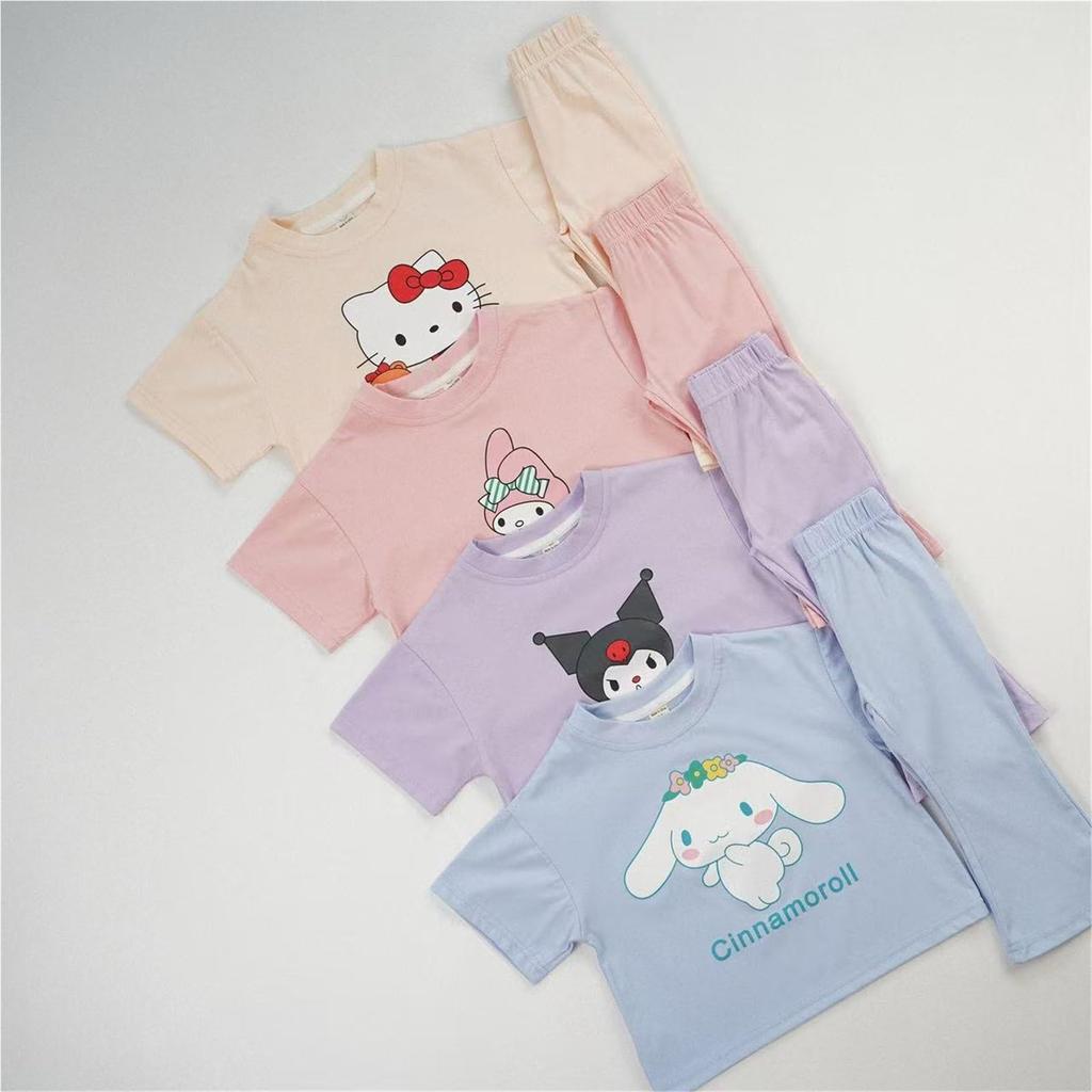 [Reloading] Cinnamoroll, Kuromi, and My Melody Summer Children's Pajama Set, Short Sleeve T-Shirt and Shorts, Loungewear, Cotton, Cute, Stylish, Thin,