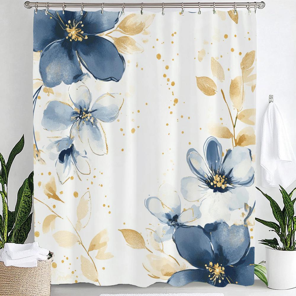 Elegant Blue Floral Print Waterproof Shower Curtain Partition Privacy Hanging Curtain With Hooks Multiple Size Machine Washable