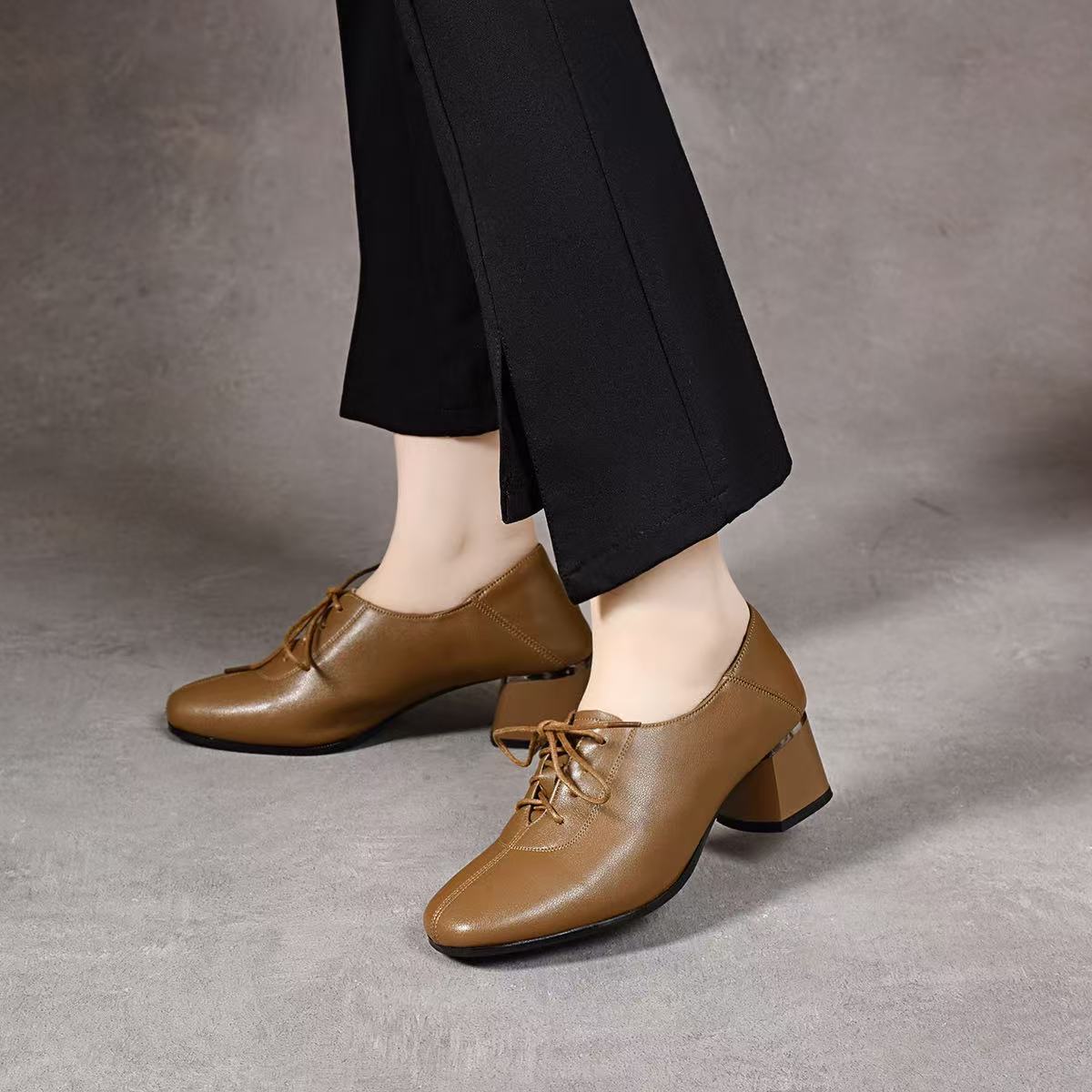 

Туфли из натуральной кожи на толстом каблуке, женские осенние новые, простые, с темпераментом, с круглым носком, на среднем каблуке, с глубоким вырезом, одинарные туфли, рабочие туфли из коровьей кожи, кожаные туфли 41 хаки