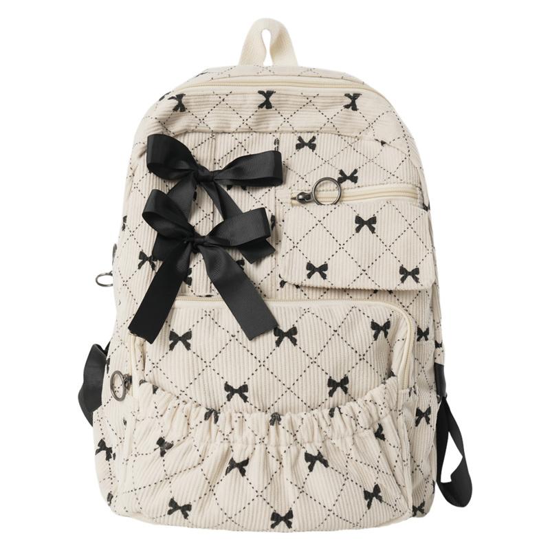 Corduroy Backpack Large Capacity Bow Print Backpack Student Schoolbag