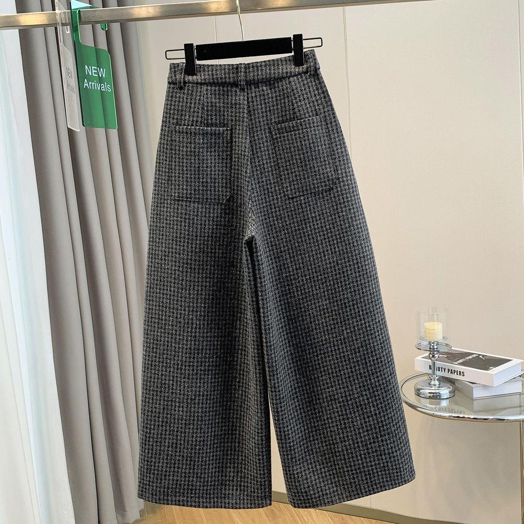 Women's Retro Houndstooth Wool Wide-Leg Pants: Thick, Plus-Size, Elastic High Waist - Winter Casual Versatile Straight Style