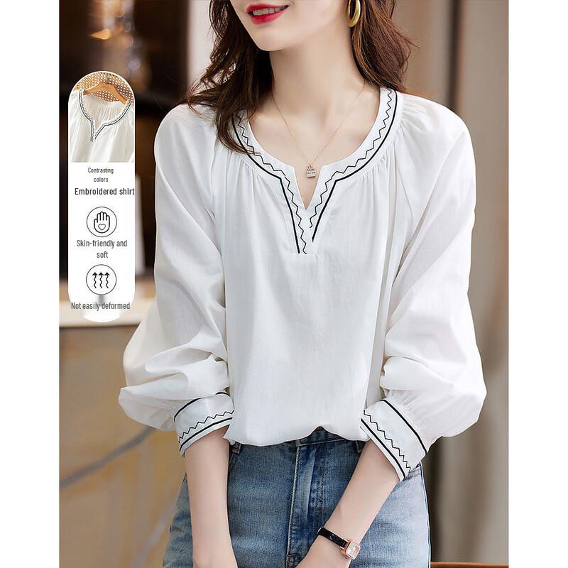 Women s Contrast Embroidered V-Neck Long Sleeve Shirt M