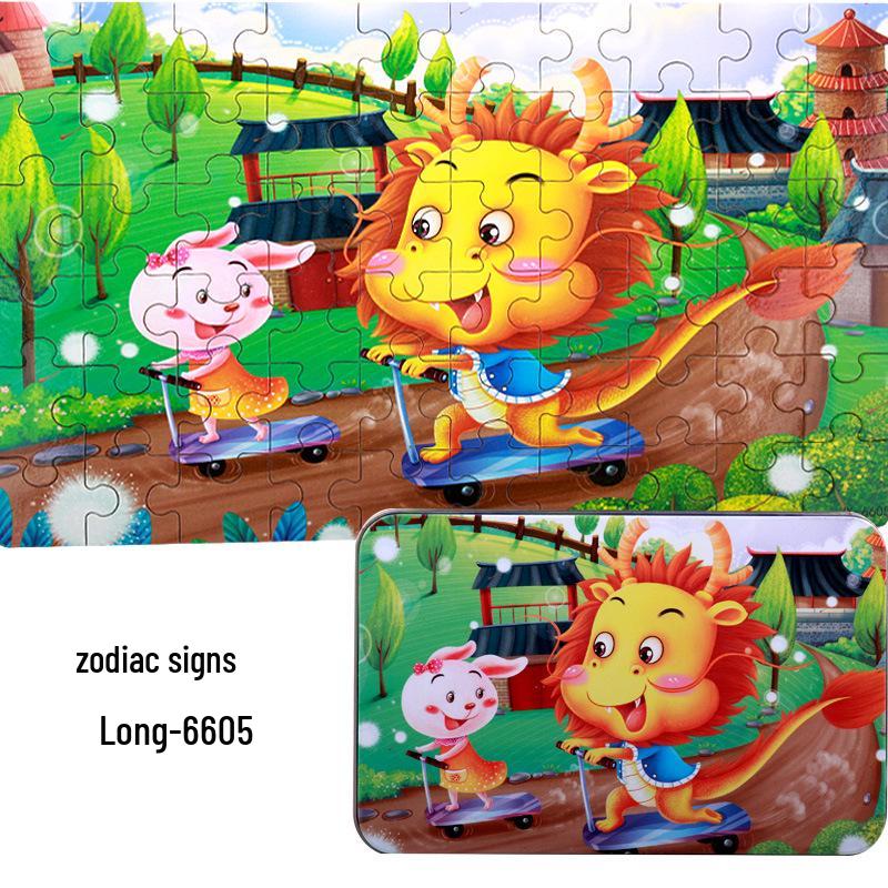 60-Piece Children s Wooden Anime Cartoon Puzzle in Tin Box