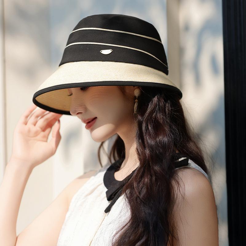 Sun Protection Hat Women'S High-End Sense Elegant Splicing Straw Bucket Hat Outdoor Sun Protection Cover Hat Lafite Straw Hat