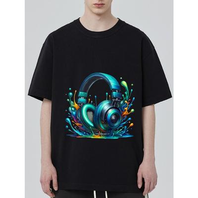 Schwarzes T-Shirt mit buntem Kopfhörer-Splash-Design für Musikliebhaber und Freizeitkleidung