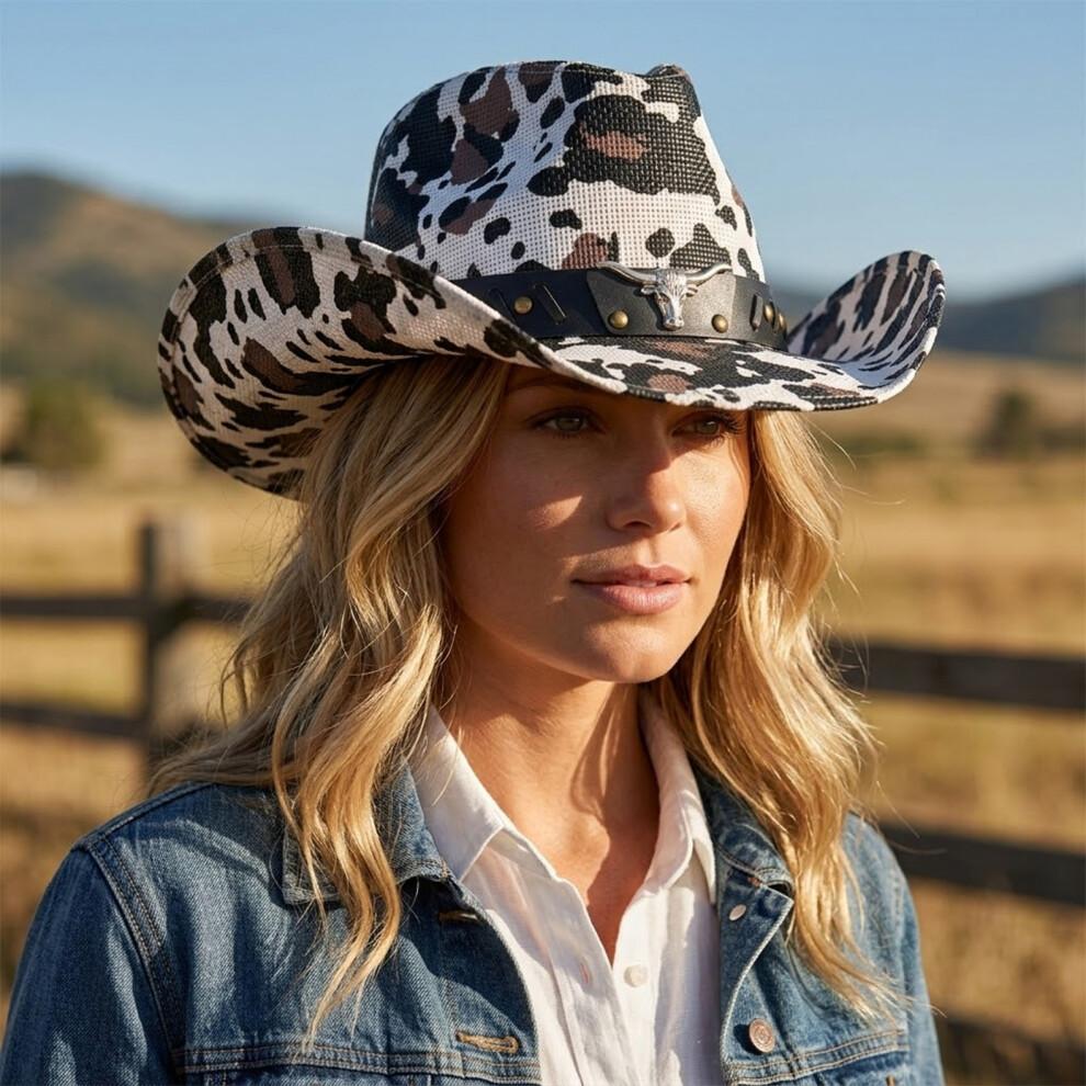 (M, Black) Straw Sun Hat Retro Tie-Dye Cow Spots Print Wide Brim Western Cowgirl Hat