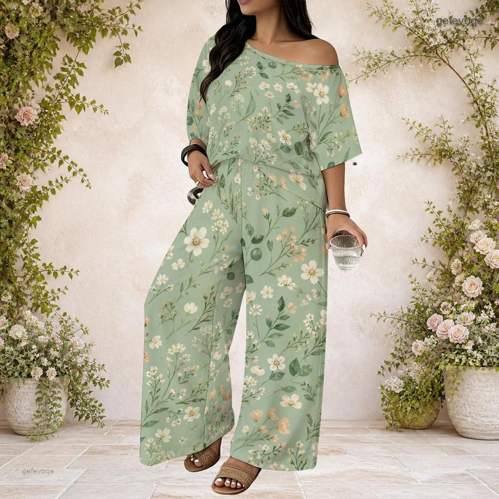 Plus Size Women Two Piece Matching Ensemble Batwing Sleeve Top Loose Long Pants