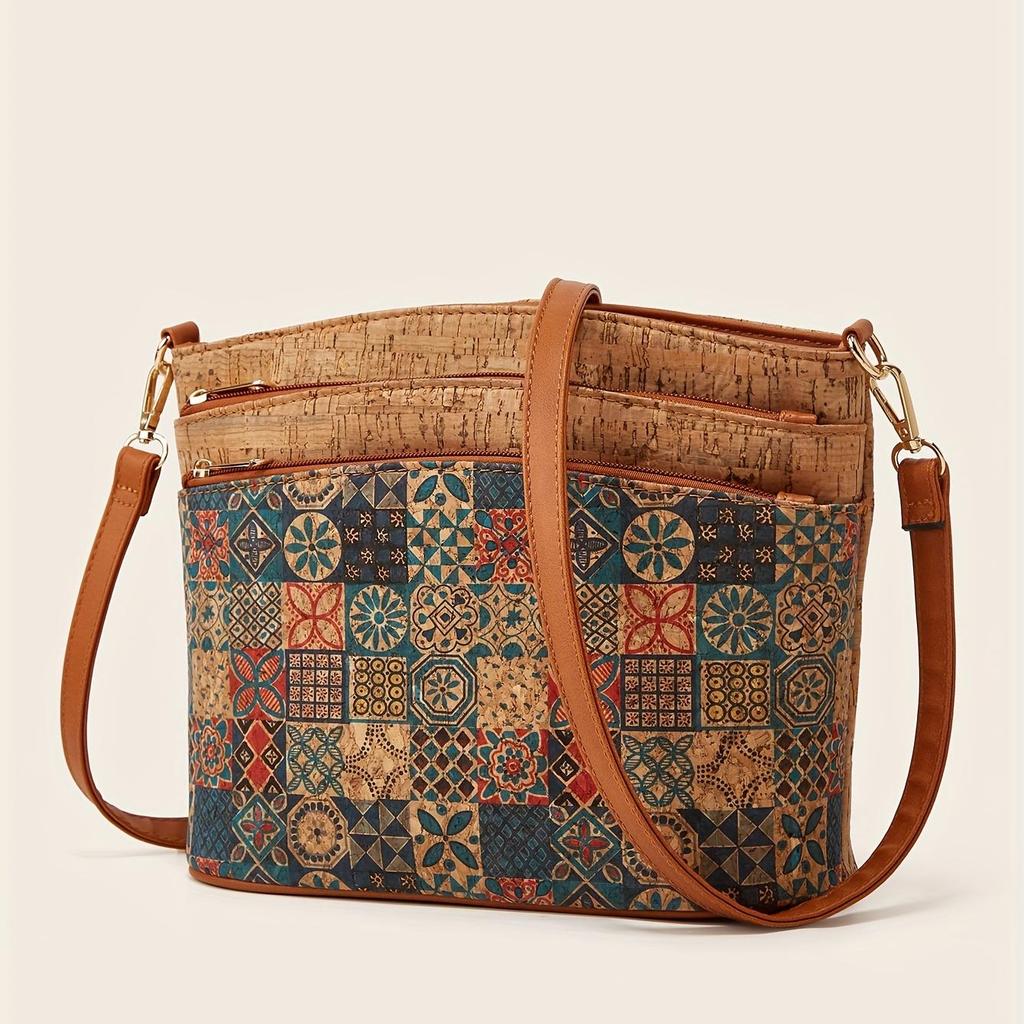 Umhängetasche mit Vintage-Blumendruck, Damen-Umhängetasche mit Baumrindenmuster, Ethno-Stil, Schultertasche