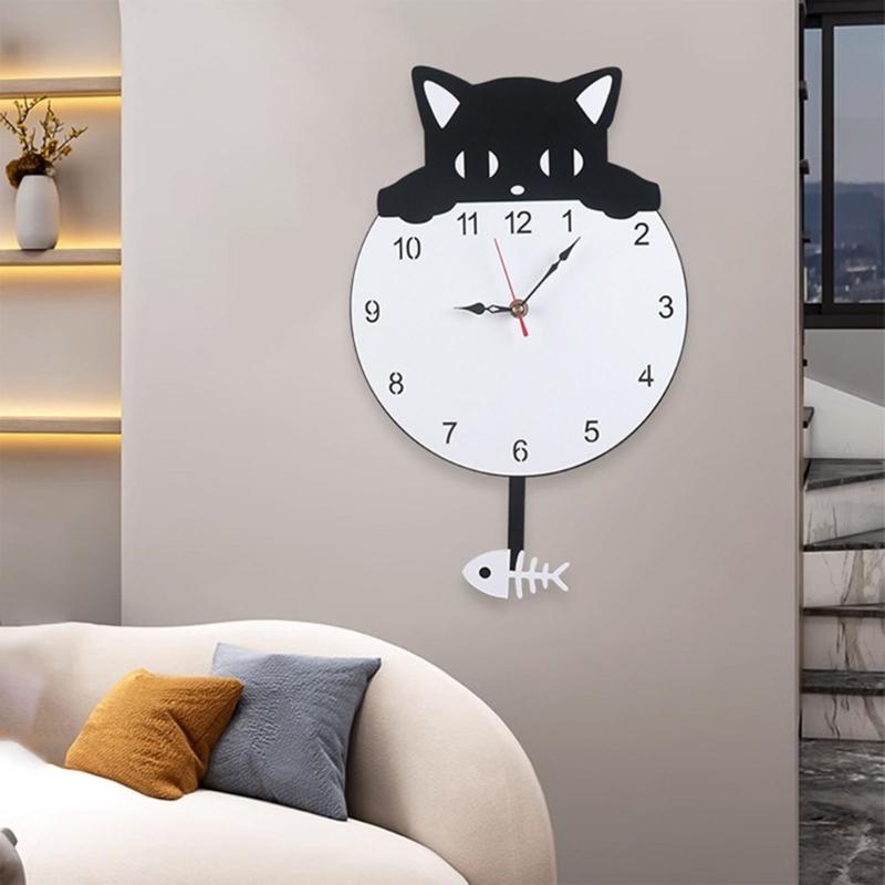 Quiet Movement Acrylic Pendulum Wall Clock with Funny Cats Fish Design Arabic Numerals for Living Room Bedroom Decors