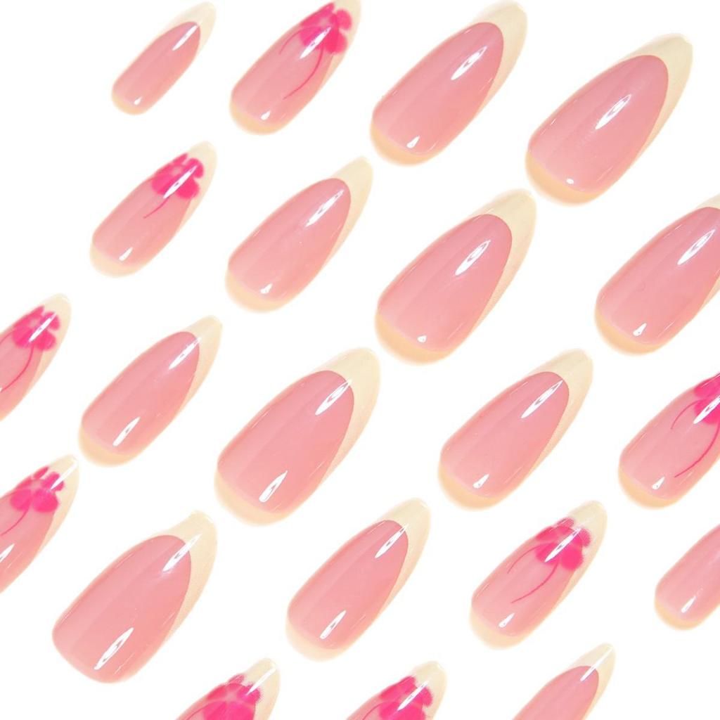 Classic Yellow French Red Floral Almond Shaped Wearable False Nails