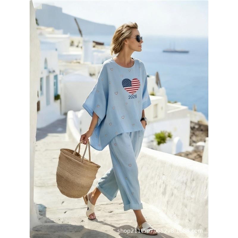 1116 New Bohemian Crew Neck 1D Full Printing Two-piece Set Women's Loose Casual Seaside Holiday Set