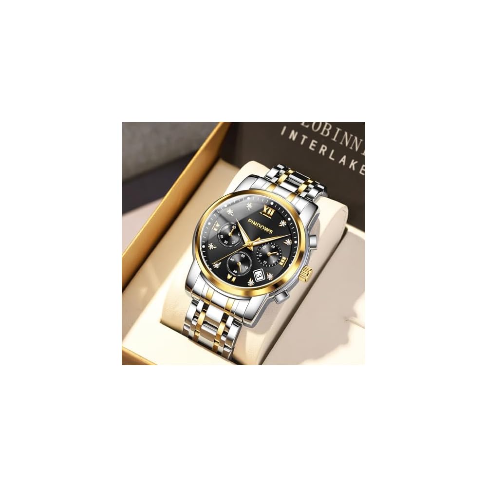 PINDOWS Men's Diamond Business Dress Analog Quartz Watch Waterproof Luminous Date Two-Tone Stainless Steel Band Classic Fashion Watch