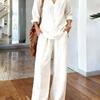 Women Two Piece Set V Neck Long Sleeve Loose Top Wide Leg Pants Casual Summer Lounge Outfit with Pockets