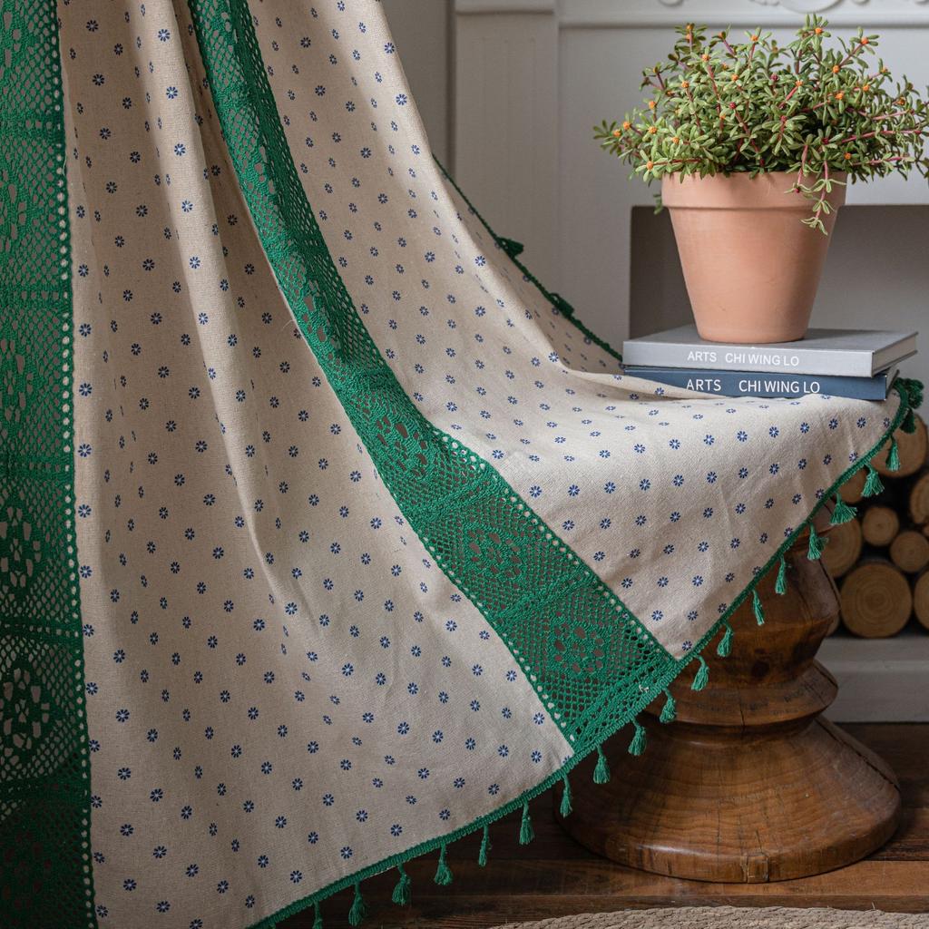 Curtain Lanju Finished Product Printed Hollow Splicing American Kitchen Semi Blackout Curtain Tassel
