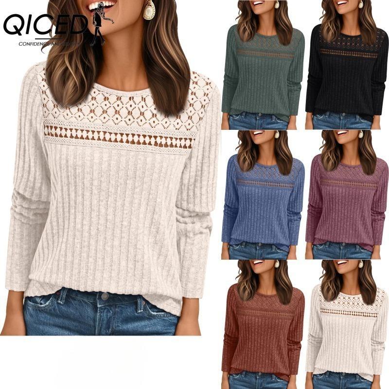 QICED Women's Fashion Casual Solid Color Print Long Sleeve O Neck Blouses & Shirts