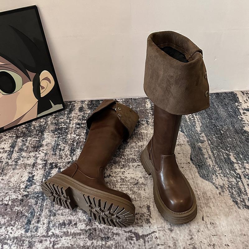 Popular Retro 2025 Autumn and Winter Trend Two Wear Folded Platform Western Boots Thick Heel Knee Boots Knight Boots