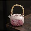Creative Ceramic Teapot for Brewing Tea Pink Peony with Bamboo Handle Portable Kung Fu Tea Set and Office Ceramic Kettle Gifts