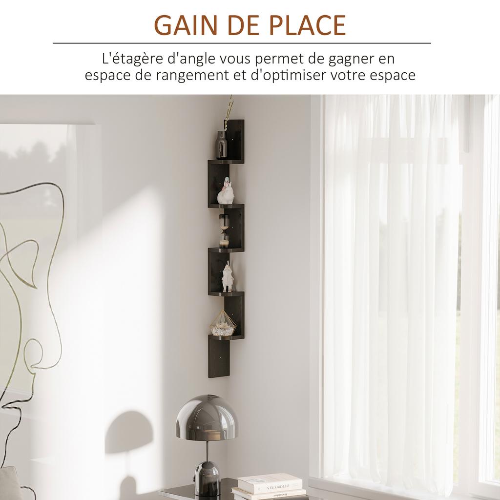 Corner Wall Shelf, 5-Tier, 120 cm High, Zigzag, Black Wood