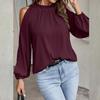 Top da donna primaverili ed estivi Camicia a foglia di loto tinta unita Girocollo Manica lunga Camicetta con spalle scoperte pieghettata termoretraibile