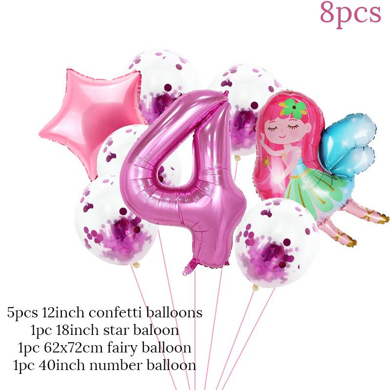 8pcs Girl Birthday Balloons Set Fairy Foil Balloons Number Helium Balloon 1 2 3 4 5 6 7 8 9 Years Old Kids Birthday Party Gifts