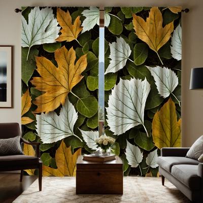 2pcs HD Yellow-green Maple Leaf Curtains Everywhere Green Tie Digital Printed Curtains Home Decoration Style Decorate Living