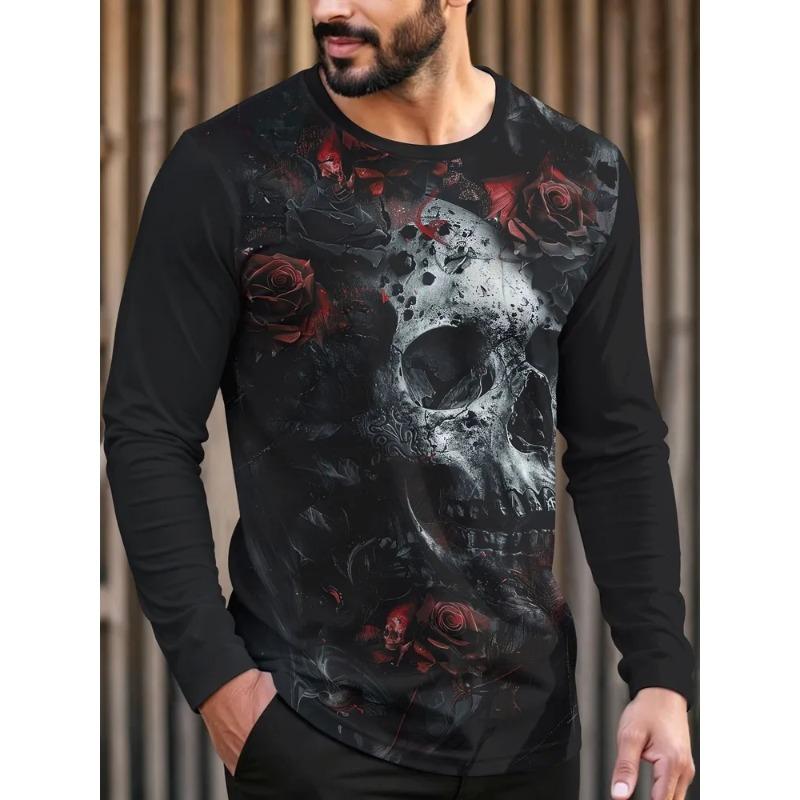 Autumn and Winter Men's Cross 3D Printed Crew Neck Long Sleeve T-Shirt
