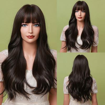 Parrucca sintetica ondulata lunga marrone nero con frangia Parrucche per capelli per feste cosplay quotidiane per donne