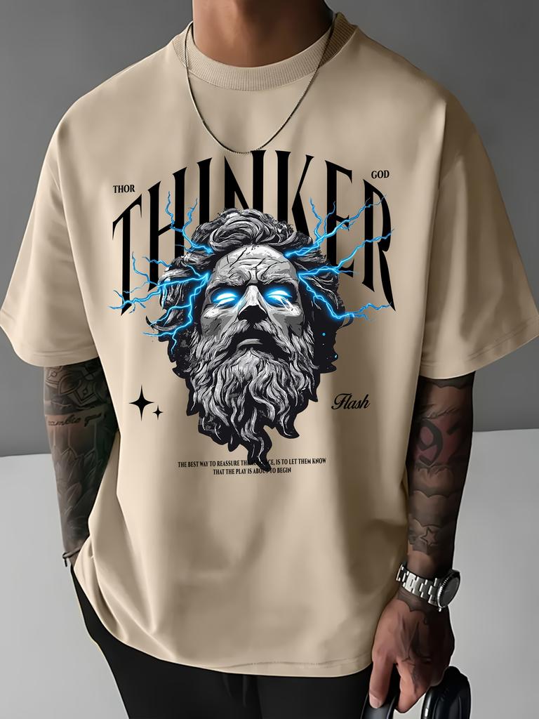 The Mens 100 Cotton Tshirt with A THINKER Sculptural Style Head Print Is Suitable for Casual Vacation Occasions