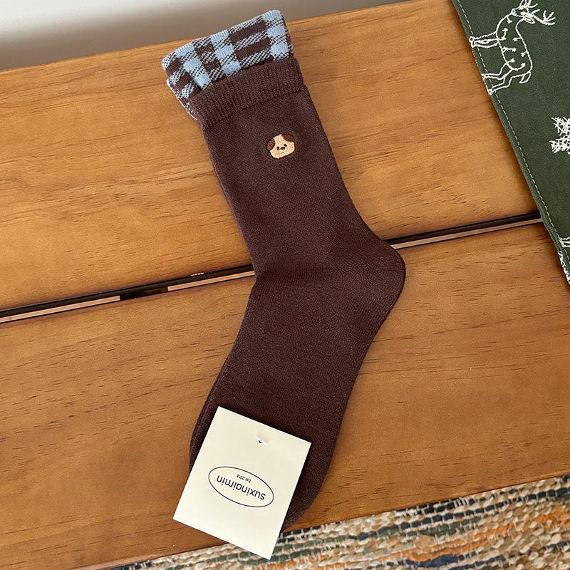 Women's Spring, Autumn and Winter Blue Coffee Mid-calf Socks Embroidered Puppy Warm Fleece Pile Socks