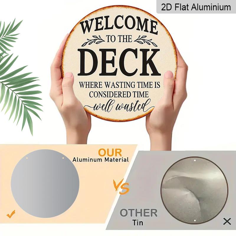 2D Flat, 1pc 7.87x7.87 Inch Round Aluminum Sign, Featuring a "Welcome to the Deck" Vintage Decorative Plaque and a "Relaxation and Leisure Time